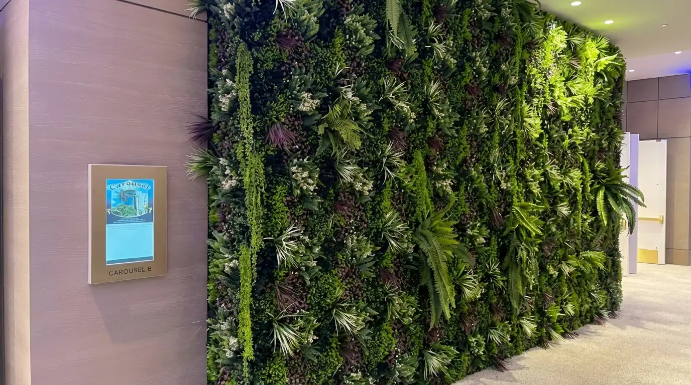 Custom 12 by 22 foot artificial living wall rental built for a hotel event in Anaheim