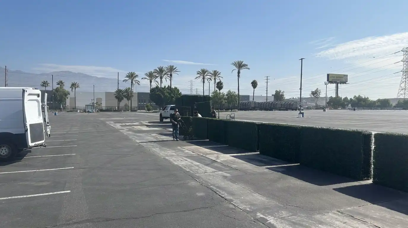 Custom boxwood hedge enclosure at Irwindale Speedway