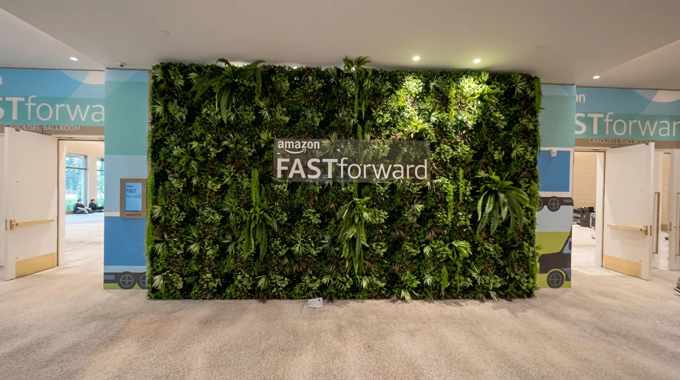 Custom 12 by 22 foot artificial living wall rental built for a hotel event in Anaheim — view 2
